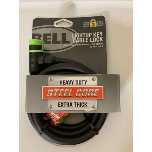 Bike Lock Bell Lightup Key Cable Lock 12 mm x 6ft Heavy Duty Black and Green NEW - Picture 1 of 4